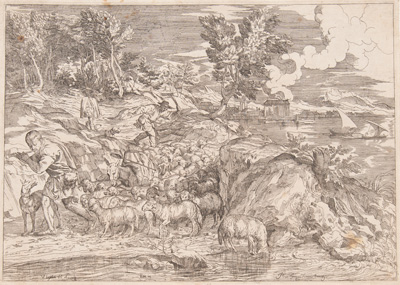 Titian etching from 1682 Landscape, Shepherd playing the flute, leading flock